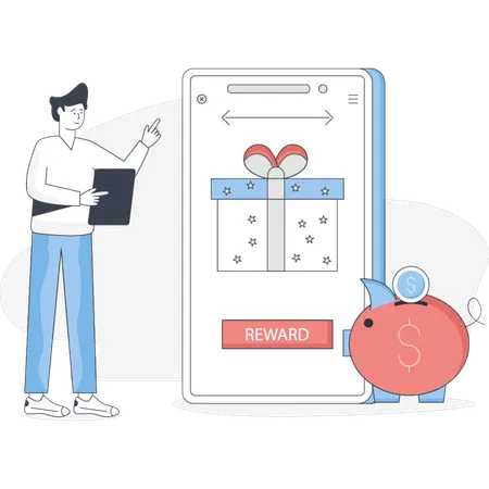 Boy is pointing online shopping cash back  Illustration
