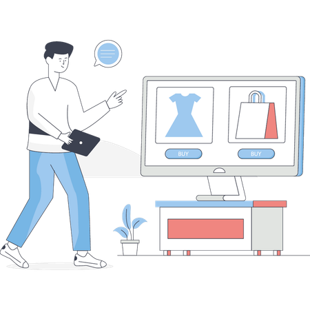 Boy is pointing online shopping website  Illustration