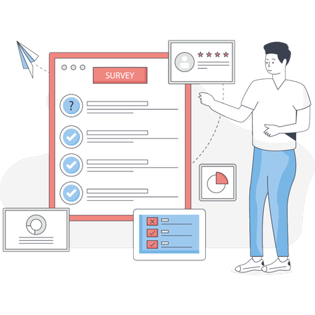Boy is pointing online survery  Illustration