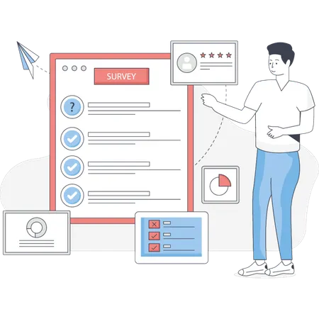 Boy is pointing online survery  Illustration