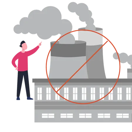 Boy is pointing to ban on industrial pollution  Illustration