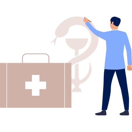 Boy is pointing to medical bag  Illustration