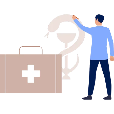 Boy is pointing to medical bag  Illustration