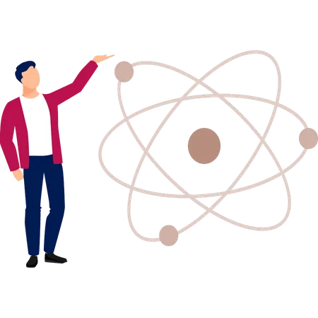 Boy is pointing to the atomic molecule  イラスト