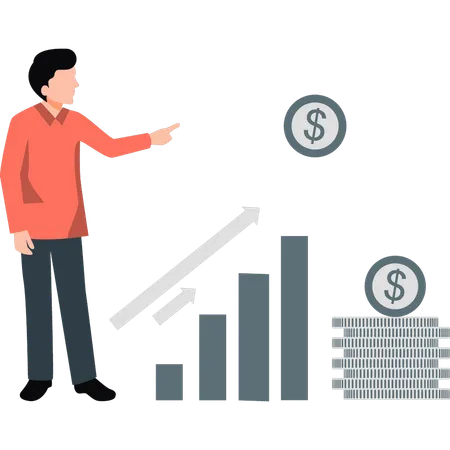 Boy is pointing to the bar graph growth  Illustration