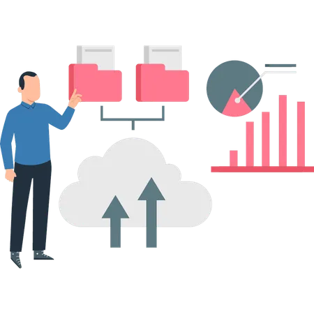 Boy is pointing to the cloud folder network  Illustration