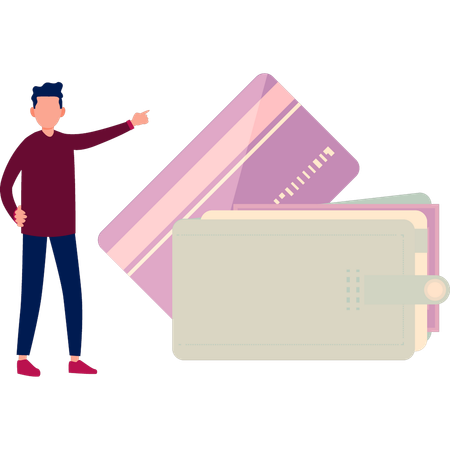 Boy is pointing to the credit cards in wallet  Illustration