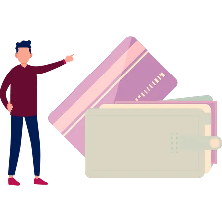 Boy is pointing to the credit cards in wallet  Illustration