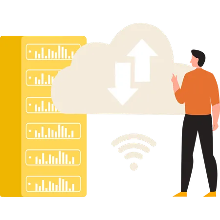 Boy is pointing to the data transfer from the cloud  Illustration