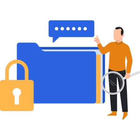 Boy is pointing to the locked folder  イラスト