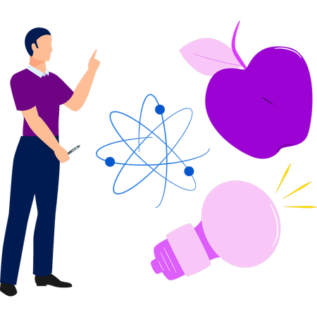 Boy is pointing to the molecule of the atom  イラスト