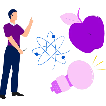 Boy is pointing to the molecule of the atom  イラスト