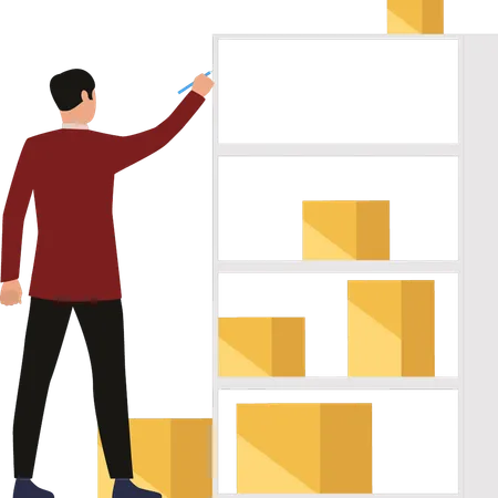 Boy is pointing to the parcel boxes on the shelf  Illustration