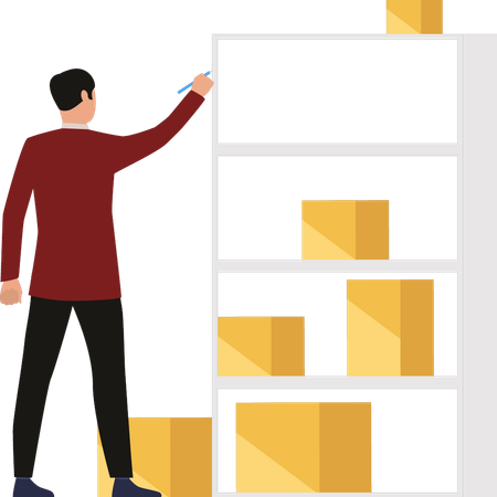 Boy is pointing to the parcel boxes on the shelf  Illustration