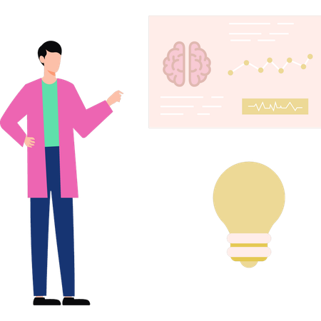 Boy is pointing to the structure of the brain  Illustration