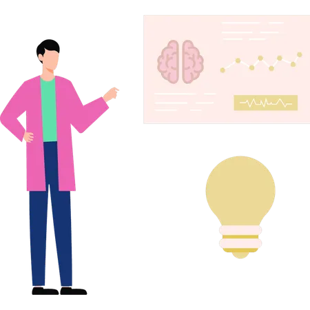 Boy is pointing to the structure of the brain  Illustration