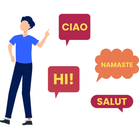 Boy is pointing to words in different languages  Illustration