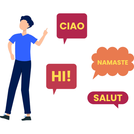 Boy is pointing to words in different languages  イラスト