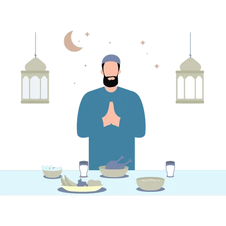 The Boy Is Praying Before Eating Illustration