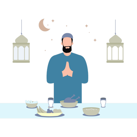 Boy is praying before eating  Illustration