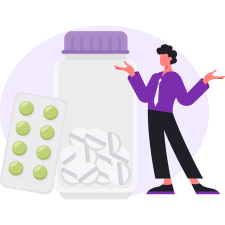 Boy is presenting pills jar  Illustration