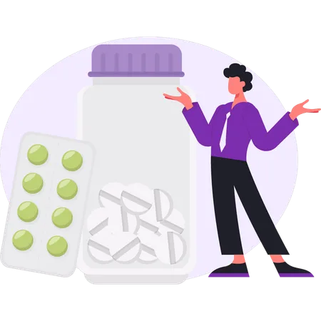 Boy is presenting pills jar  Illustration