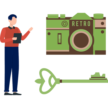 Boy is presenting retro camera  Illustration