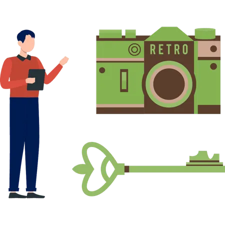 Boy is presenting retro camera  Illustration