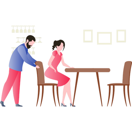 Boy is pulling back the chair for the girl on date  Illustration