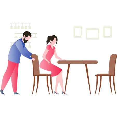 Boy is pulling back the chair for the girl on date  Illustration