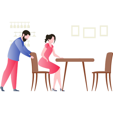 Boy is pulling back the chair for the girl on date  Illustration