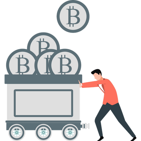 Boy is pushing the trolley of Bitcoins  イラスト
