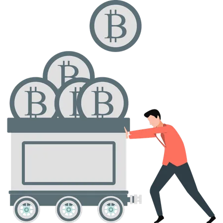 The Boy Is Pushing The Trolley Of Bitcoins Illustration