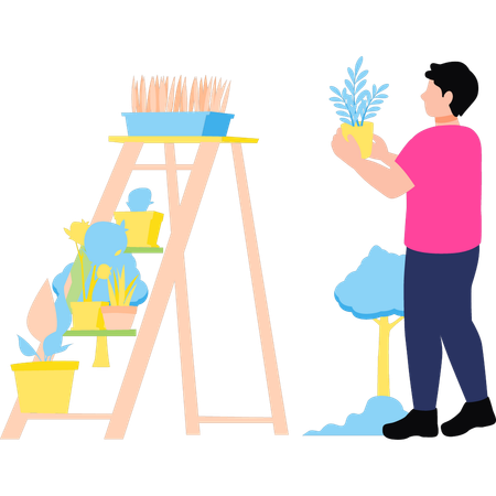Boy is putting plants on ladder  Illustration