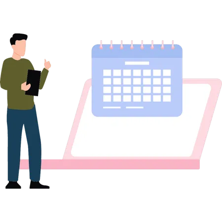 The Boy Is Putting Reminder On The Calendar イラスト