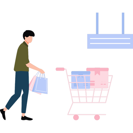 Boy is putting shopping bags in a trolley  Illustration