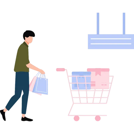 A Boy Is Putting Shopping Bags In A Trolley Illustration