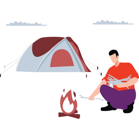 Boy is putting sticks into the bonfire  Illustration