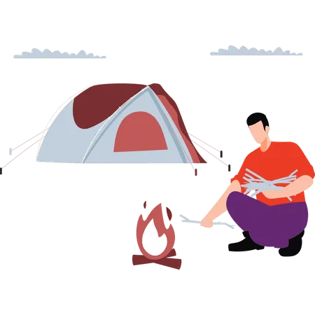 Boy is putting sticks into the bonfire  Illustration