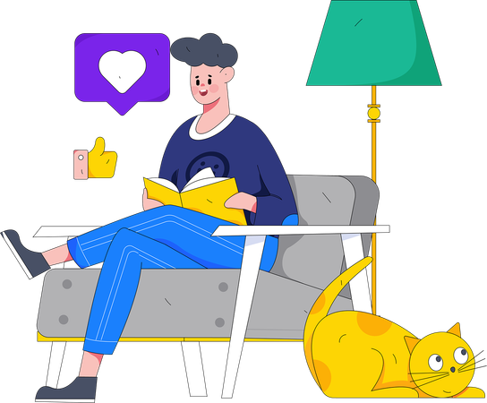 Boy is reading book while resting on sofa  Illustration