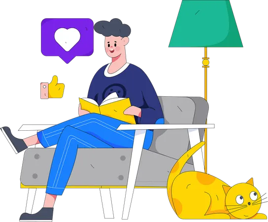 Boy is reading book while resting on sofa  Illustration