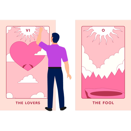 Boy is reading love fortune through love cards  Illustration