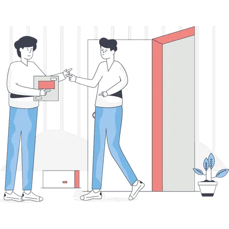 Boy is received his parcel at the door  Illustration