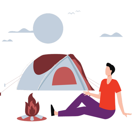 Boy is relaxing near bonfire  Illustration