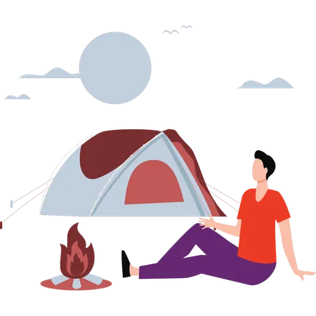 Boy is relaxing near bonfire  Illustration