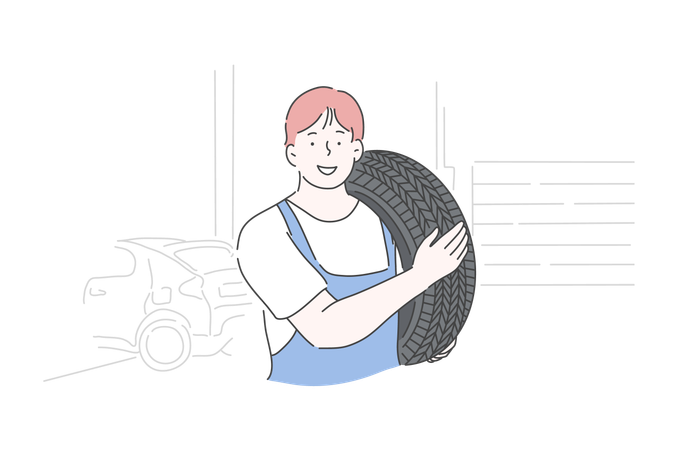 Boy is repairing his car tyre  イラスト