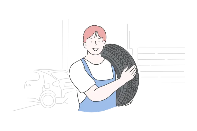 Boy is repairing his car tyre  イラスト