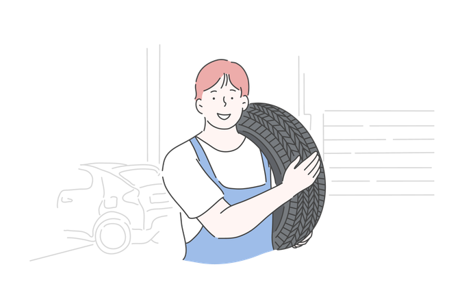 Boy is repairing his car tyre  Illustration