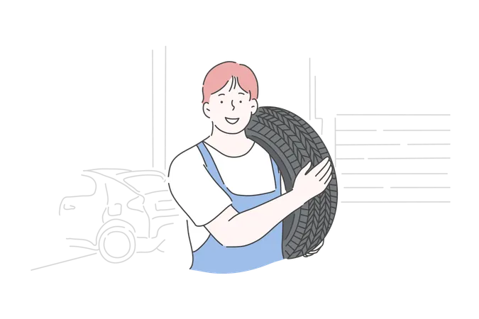 Boy is repairing his car tyre  Illustration