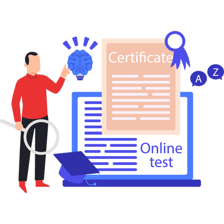 Boy is researching about the online test for certificate  イラスト